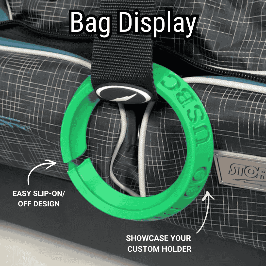 Green bag display with text on a plaid bag background