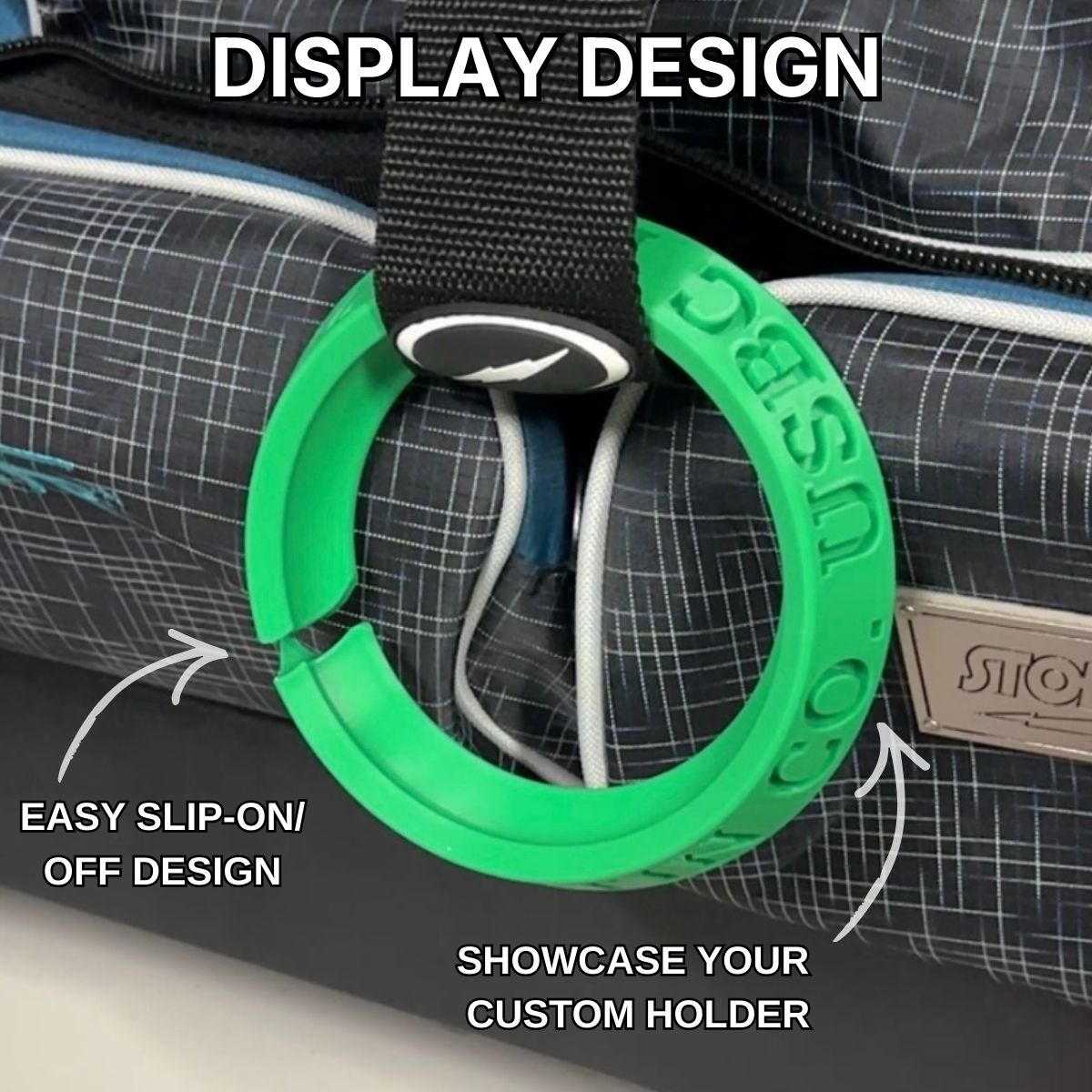 Green custom holder with text on a gray bag background