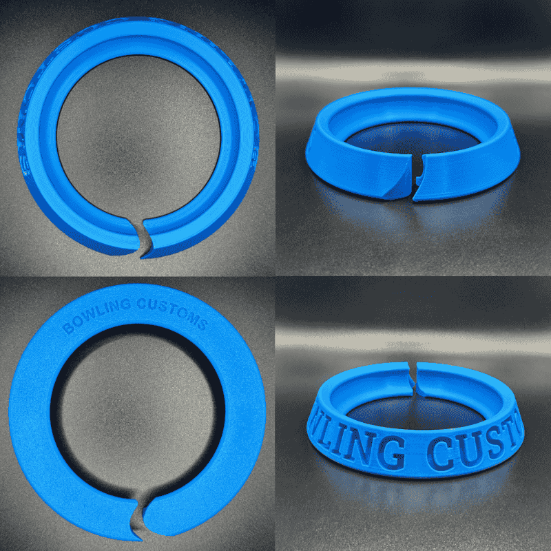 Blue rubber ring with 'Bowling Customs' branding on a dark background