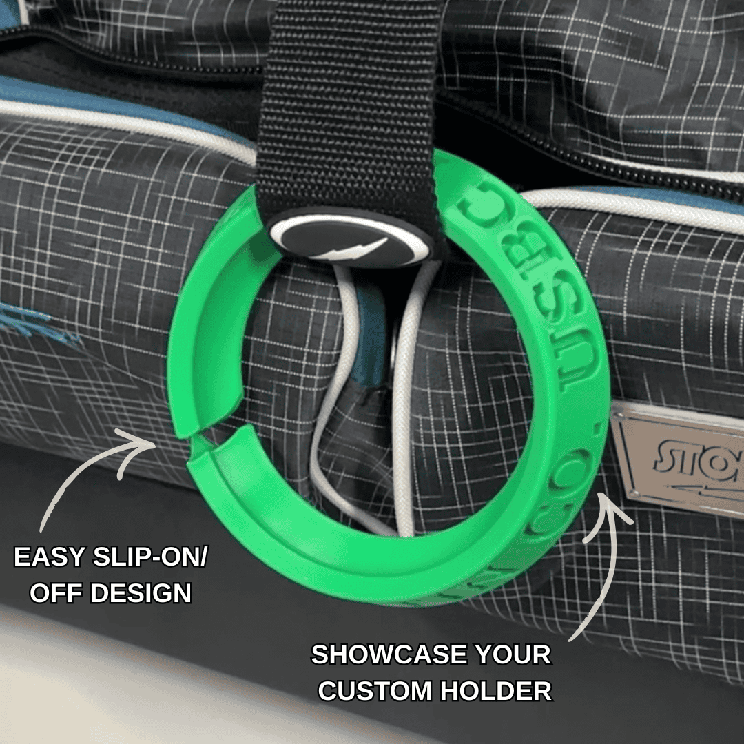 Green custom holder on a gray bag with text indicating easy slip-on/off design and customizable feature.