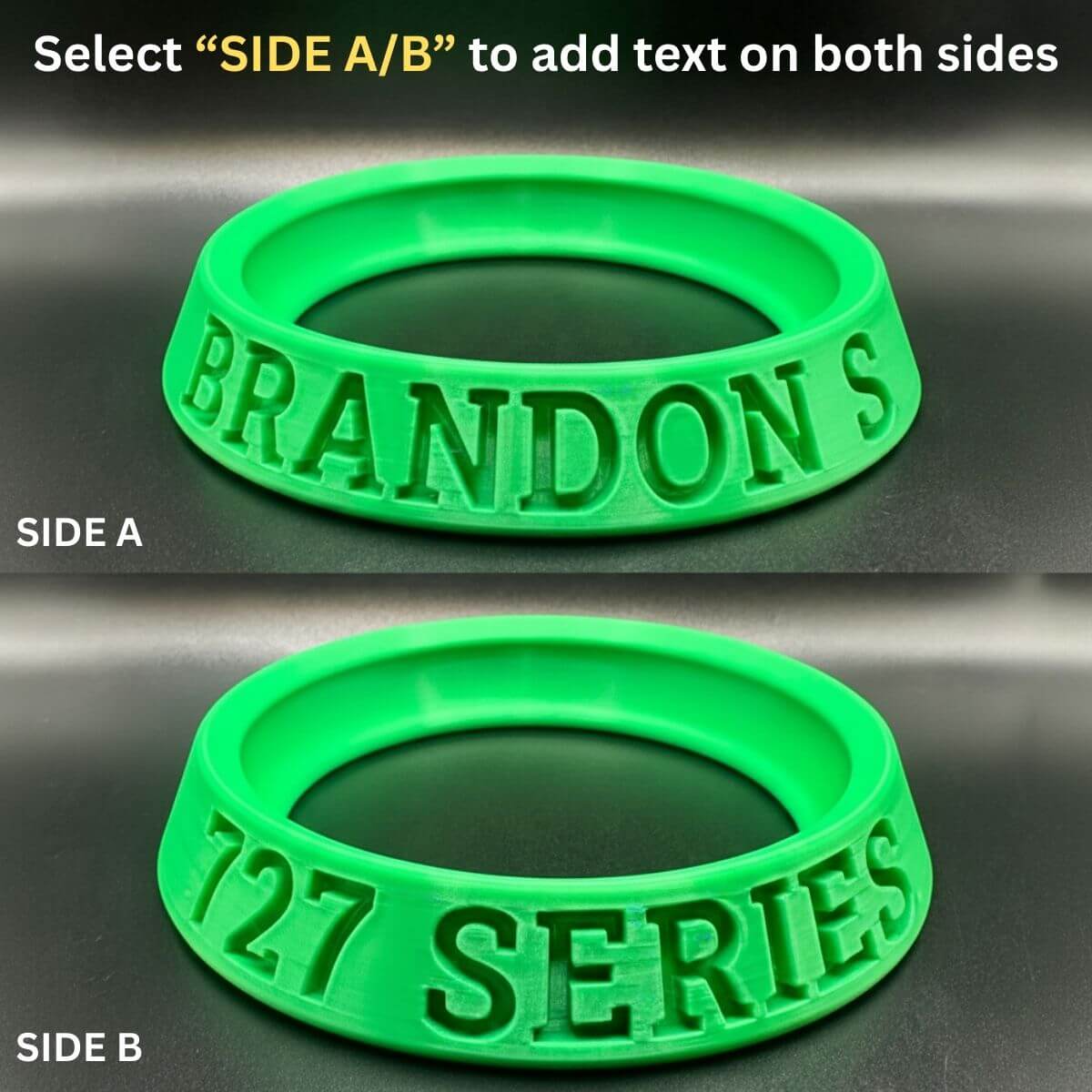 Green silicone ring with text on two sides on a dark background